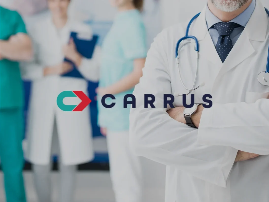 An image of medical professionals in the background with the Carrus logo superimposed on the front.