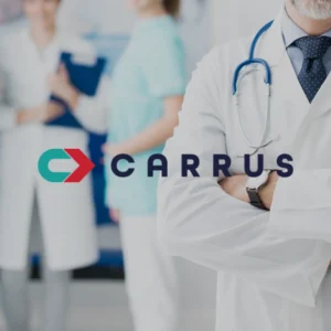 An image of medical professionals in the background with the Carrus logo superimposed on the front.