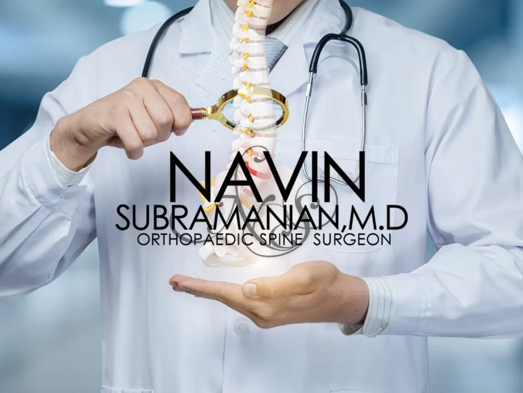 A torso view of a doctor in a white lab coat with a spine and Navin Subramanian logo above his hand.