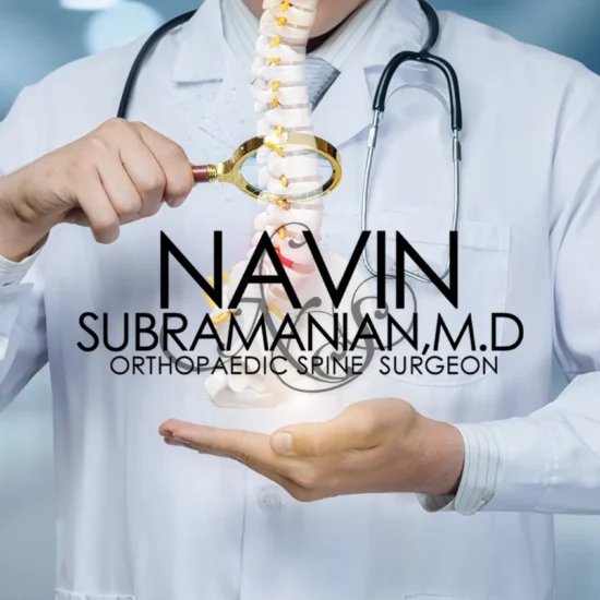 A torso view of a doctor in a white lab coat with a spine and Navin Subramanian logo above his hand.